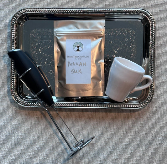 Premium Chocolate Drinking Kit: White Ceramic Demitasse Cup, Frother and Silver Metal Serving Tray